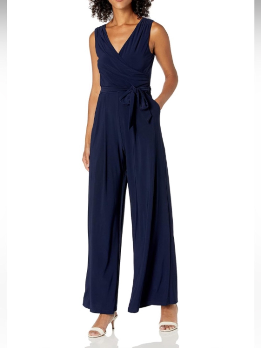 Eliza J Women's Sleeveless Faux Wrap Jumpsuit Navy Blue Wide Leg size L